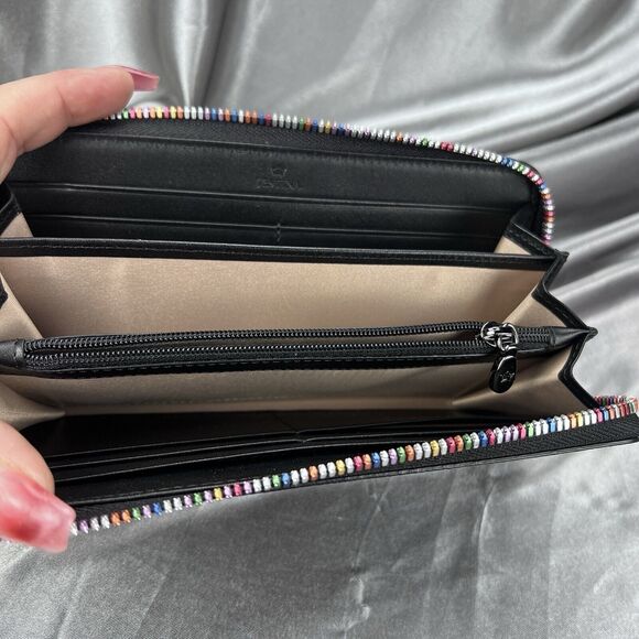 J. Estina Zip Aound Wallet Black Rainbow Accordion 12 Card Slots Pebbled Leather - Picture 14 of 17